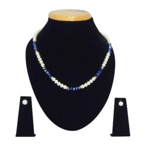 Well crafted round pearl necklace set with blue crystals flanked by zircon rondels