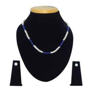 Well crafted semi-round pearl necklace set with sparkling blue crystals flanked by silver finish zircon rondels