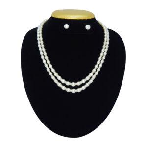 Finely crafted two-layer oval pearl graduated necklace set with zircon studded silver finish spacers