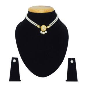 Well crafted double row white pearl choker with an elegant kundan pendant set with pearl drops