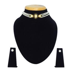 Well crafted three-row white pearl choker with one of a kind black enamel kundan pendant