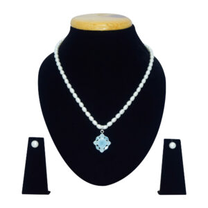 Well crafted white oval pearl necklace set with a subtle sky blue sandstone pendant