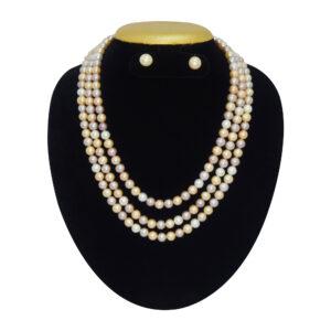 Superbly crafted grand triple-layer 7.5mm round pearl multicolour necklace set