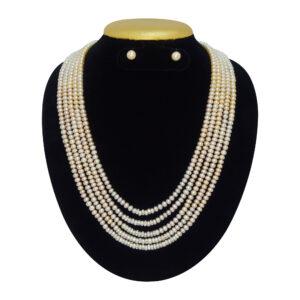 Splendidly crafted 22 Inches long five-layer multi-colour semi-round pearl necklace with silver finish zircon roundels