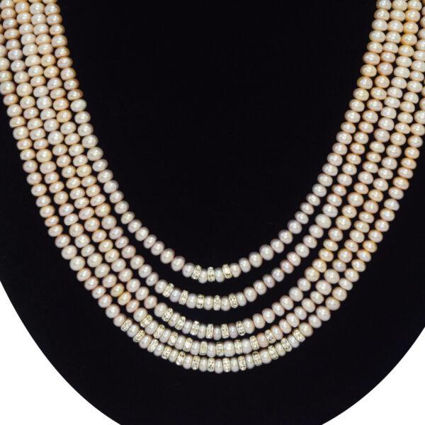 Splendidly crafted 22 Inches long five-layer multi-colour semi-round pearl necklace with silver finish zircon roundels- close up