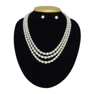 Regal three-layer roundish pearl necklace set with zircon studded silver finish spacers