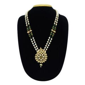 Double row rich light pink/peach pear-shaped pearls haar with a Kundan paisley pendant