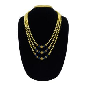 Rich golden round pearls three-layer mala with gold filigree work balls & royal blue studded crystal balls for an eccentric groom