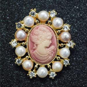 Stately Pink Victorian Lady Brooch With Multicolored Pearls
