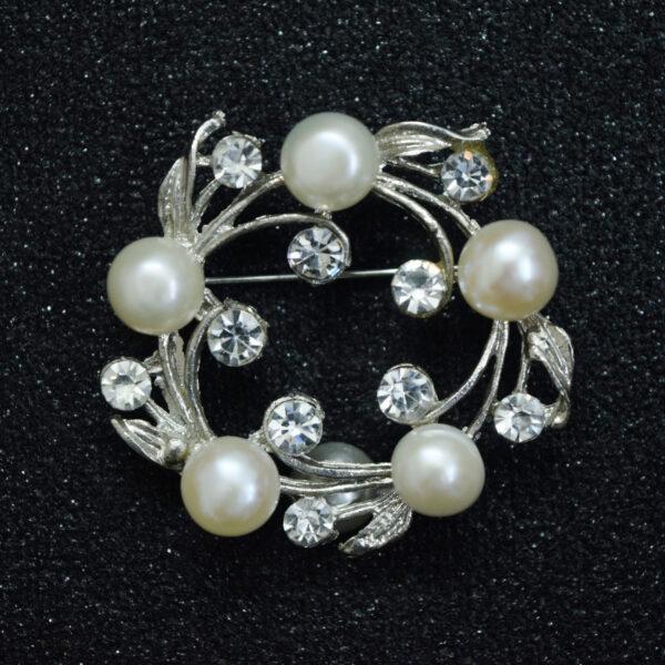 Ornate Floral Wreath Brooch With White Pearls & American Diamonds