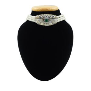 Glittering Multi-Line Pearls Choker With SP Emerald Zircon Pendant