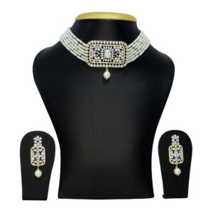 Splendidly designed six-row white semi-round pearl choker with a grand and resplendent zircon pendant