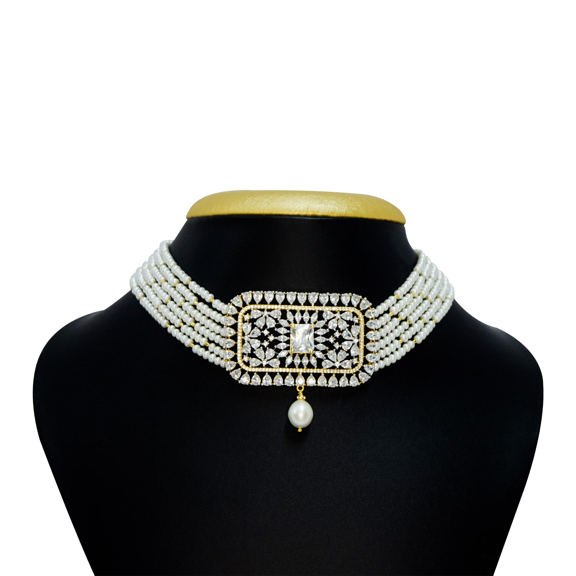 JewelMaze Gold Plated Pearl Choker Necklace Set