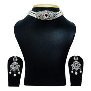Well designed three-line white round pearl choker with a grand SP Ruby & zircons studded pendant