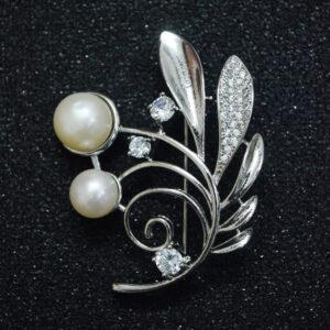 Elegant Silver eafy Brooch With White Pearl & Zircons