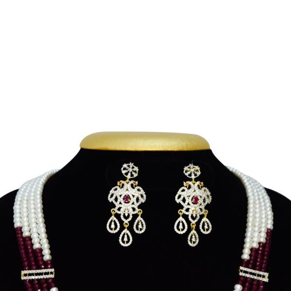 Multi-layer 5mm white semi-round pearl necklace with a majestic zircon studded peacock pendant featuring an SP ruby - earrings