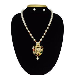 Glossy 7.5mm round white pearls necklace with an artistic and divine navaratna pendant featuring Lord Balaji