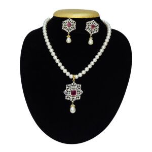 Dazzling White Pearls Necklace With Zircon Pendant & SP Ruby