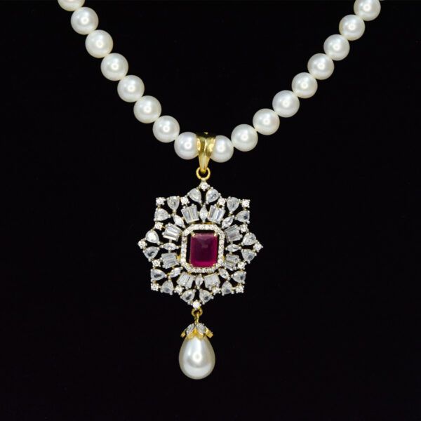 Dazzling White Pearls Necklace With Zircon Pendant & SP Ruby - close up