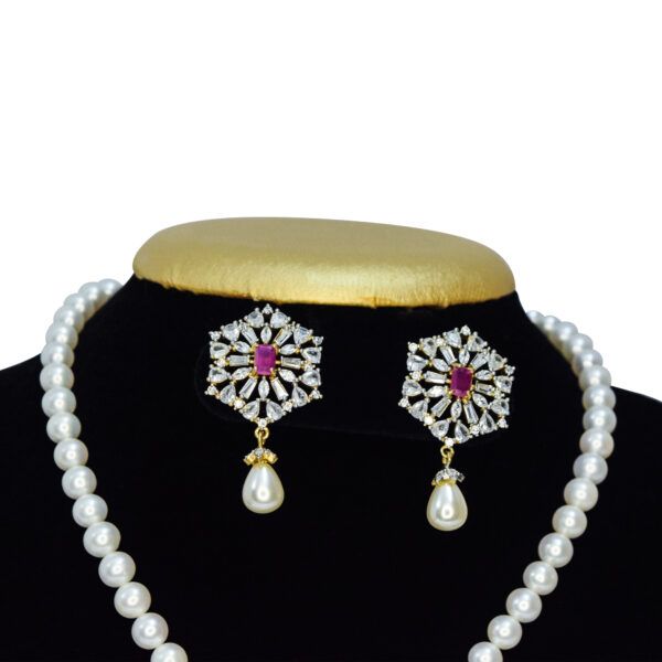 Dazzling White Pearls Necklace With Zircon Pendant & SP Ruby - close up1