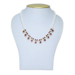 4.5mm semi-round & round white pearls necklace studded with zircon, SP ruby pendants with CZ red beads & golden finish balls