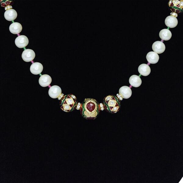 Ravishing Round White Pearl Necklace With Jadau Dholak Beads - close up