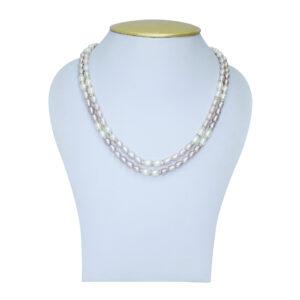 Fine crafted dual-layer white and lavender oval pearls necklace with silver finish zircon roundels