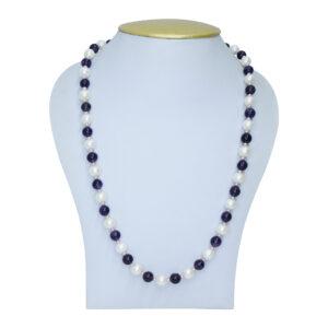 Incredibly crafted white round pearls along with peach 2mm seed pearls accented with purple garnet beads