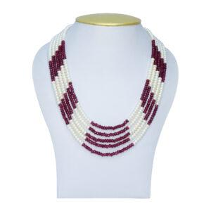 Splendidly crafted 20 Inches long five-layer white semi-round pearl necklace with SP ruby beads