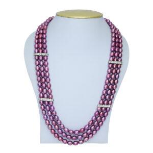 Stylish & well-crafted 26 inches triple-layer large magenta-pink 8mm large oval pearl necklace