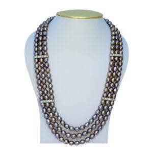 Stunning & well-crafted 26 inches triple-layer large brown oval pearl necklace with an American diamond studded line spacers