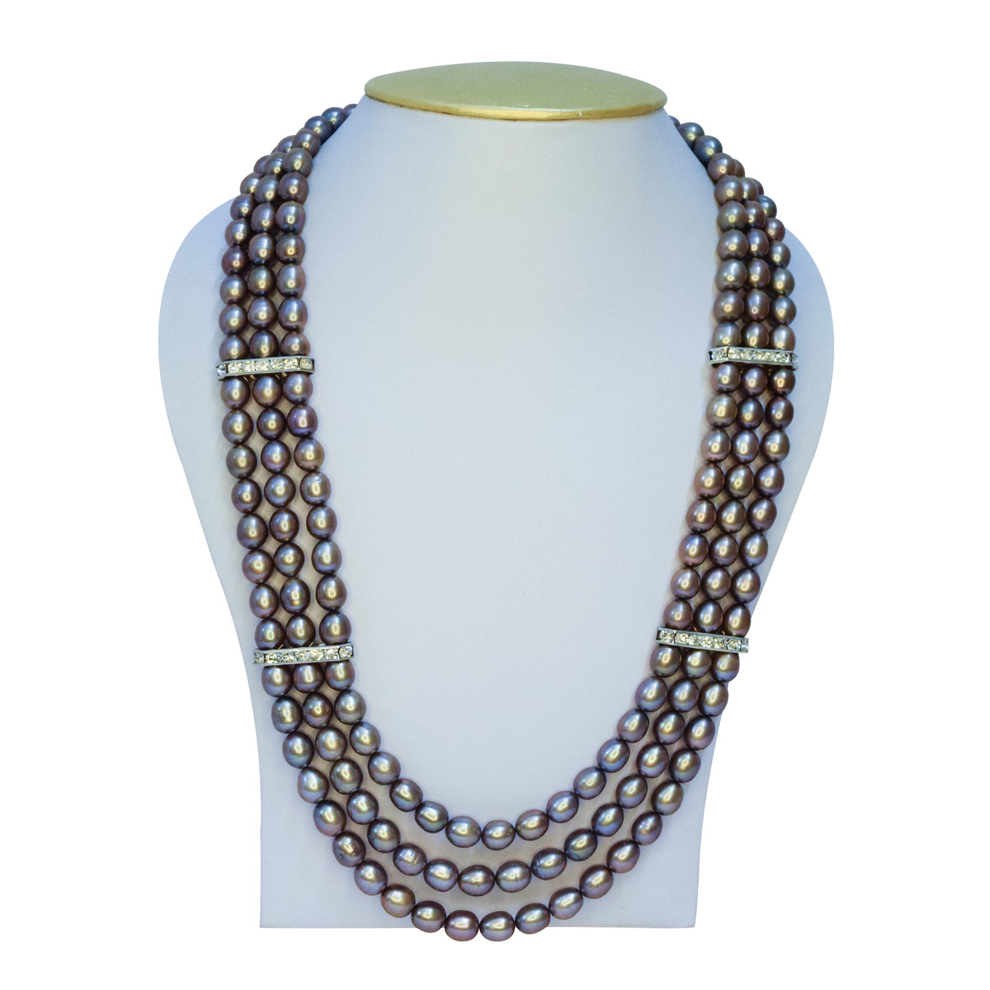 Triple Line Gold Pearl Necklace
