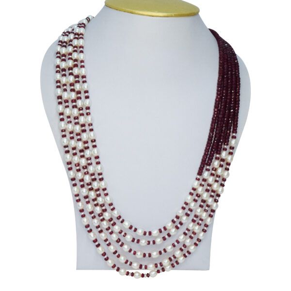 Luxe Multi-line Oval Pearls Mala With maroon onyx beads & 2mm Seed Pearls -1