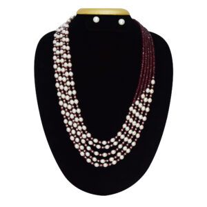 Luxe Multi-line Oval Pearls Mala With maroon onyx beads & 2mm Seed Pearls