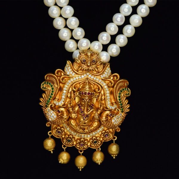 Marvellous Two-row White Pearls Mala With Lord Ganesha Pendant -close up