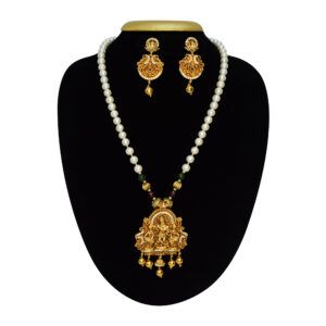 Radiant 7mm round white pearls long necklace with a divine golden finish pendant featuring Lord Krishna with his Gopikas beside