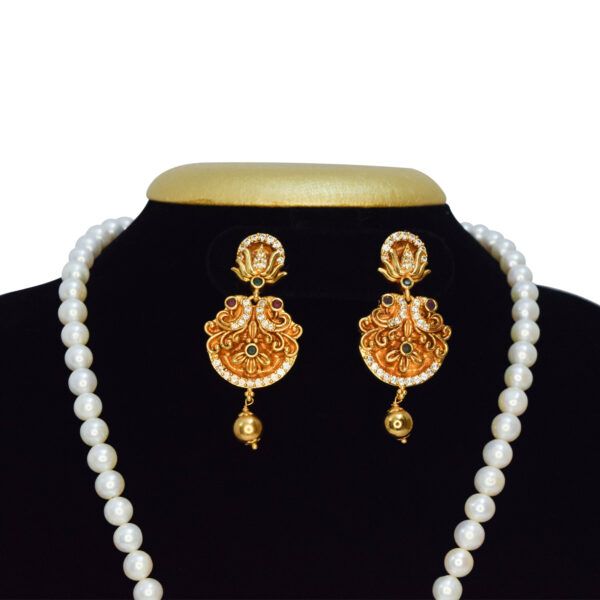 Radiant 7mm round white pearls long necklace with a divine golden finish pendant featuring Lord Krishna with his Gopikas beside -close up1
