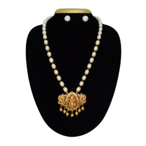Auspicious golden finish Lord Ganesha pendant strung onto a long & radiant 8.5mm oval white pearls necklace