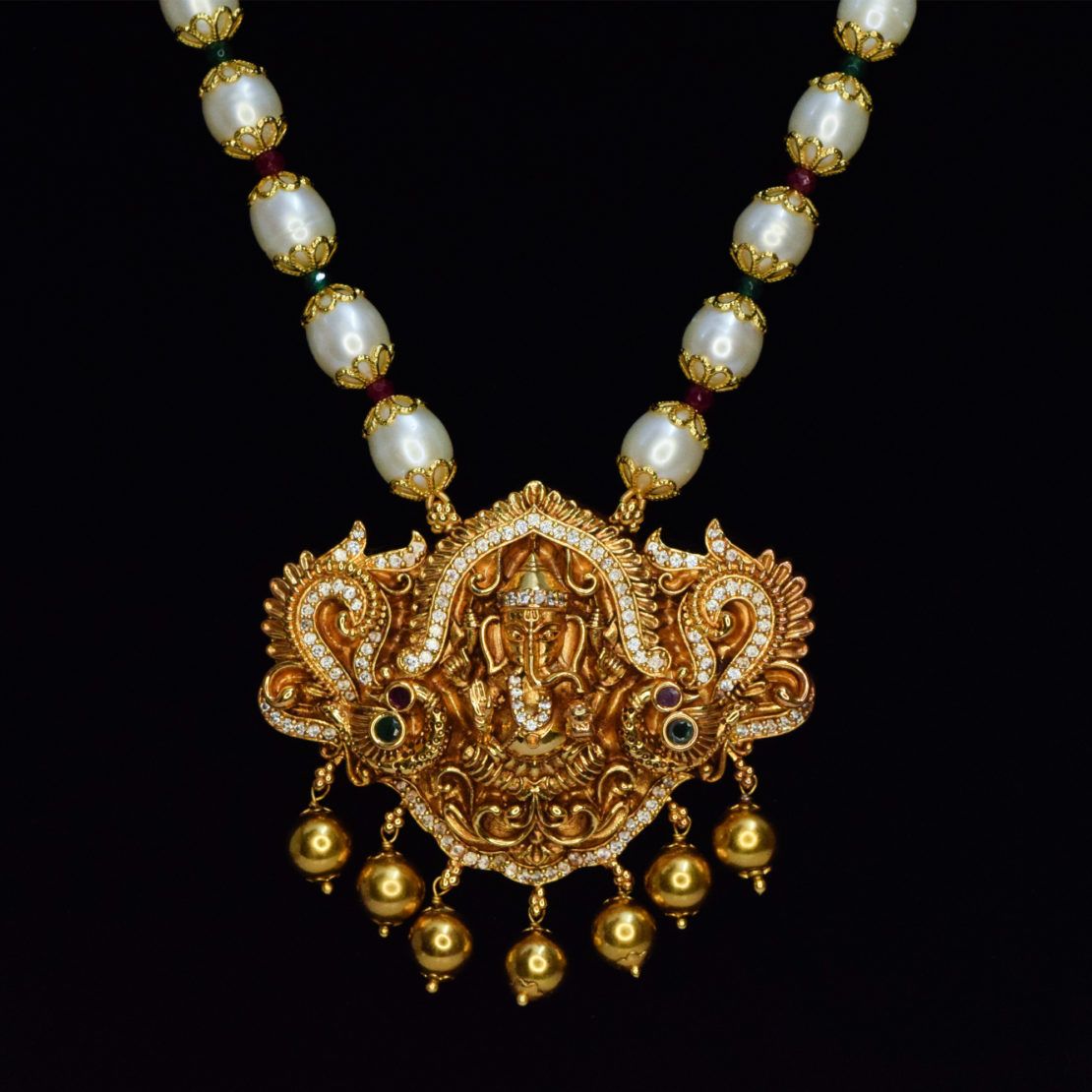 Magnificent Oval White Pearls Mala With Lord Ganesha Pendant - Pure Pearls