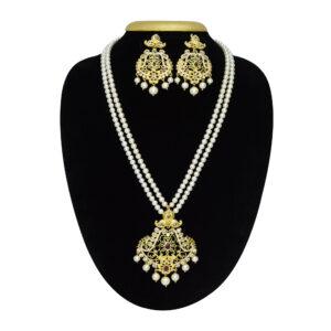 Two-row white round pearls necklace with a splendid golden finish traditional pendant studded with zircons, SP rubies & SP emeralds