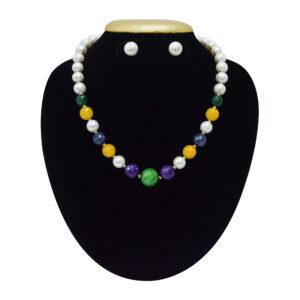 Stylish & well-crafted multicoloured onyx beads strung along with white round pearls and zircon studded spacers