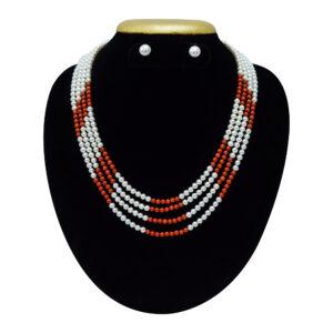 22 Inches long four-layer white round pearl necklace well crafted and interspaced with round corals all around