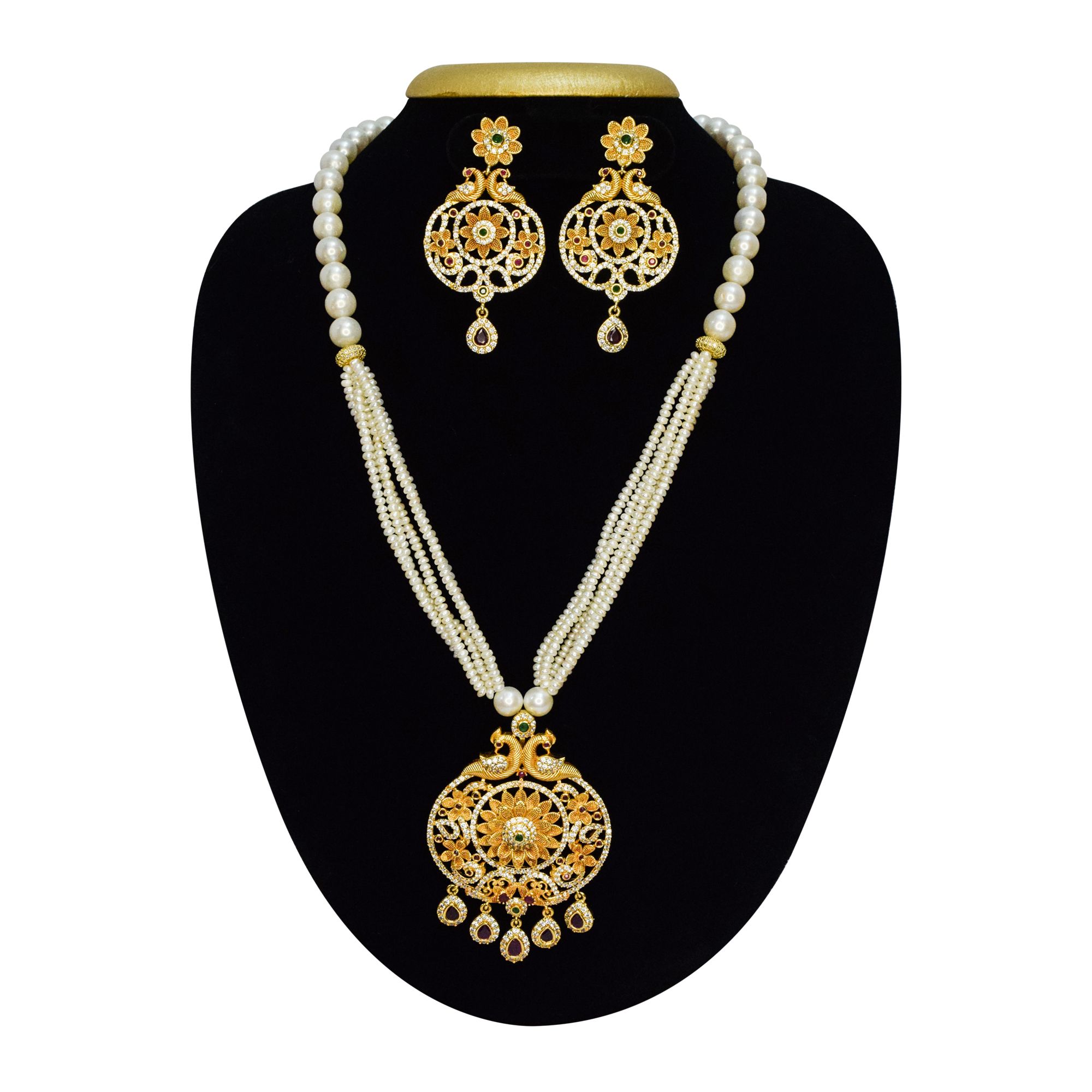 Magnificent Multi Row White Pearls Mala With Ornate Peacock Pendant Pure Pearls