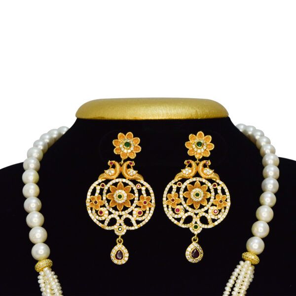Magnificent Multi-Row White Pearls Mala With Ornate Peacock Pendant - close up1