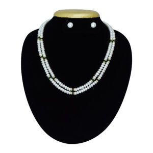 Finely crafted 19 inches long dual-layer white semi-round pearls necklace with SP emerald beads and golden finish zircon roundels