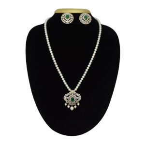 Bright 5mm round white pearls necklace with an artistic CZ studded peacock pendant with SP Emerald in the centre