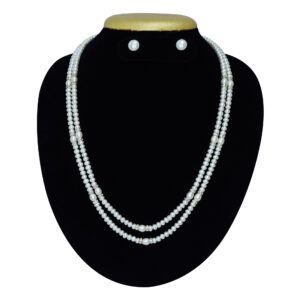 Finely crafted 22inches long dual-layer white semi-round pearls necklace with silver finish zircon roundels