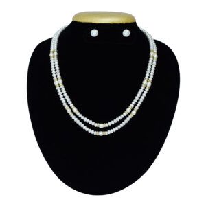 Simple & sweet dual-layer white semi-round pearls 18inches necklace accentuated with oval pearls and golden finish zircon roundels