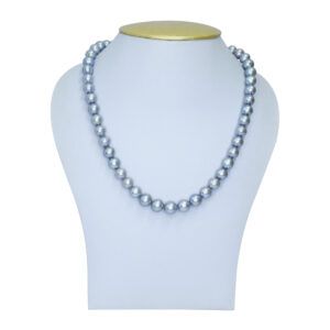 Wondrous single line 20inch long necklace featuring 10mm stunning grey round pearls