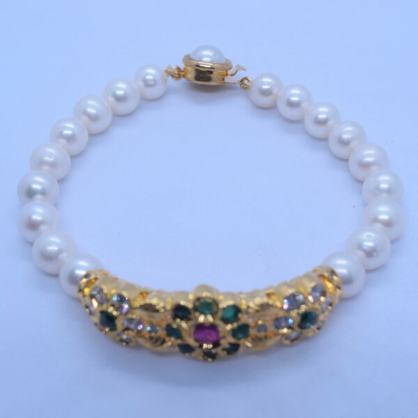 Timeless White Pearls Kada With Green Kemp Stones Clasp -top